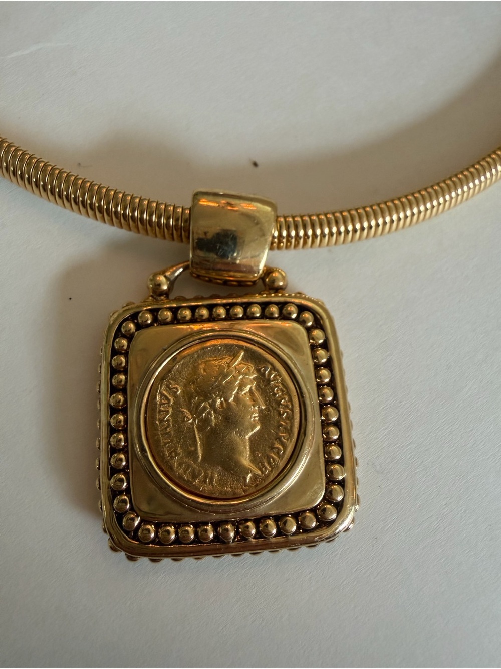 Vtg Gold Tone Snake Chain with Vintage Style Square Coin Pendant